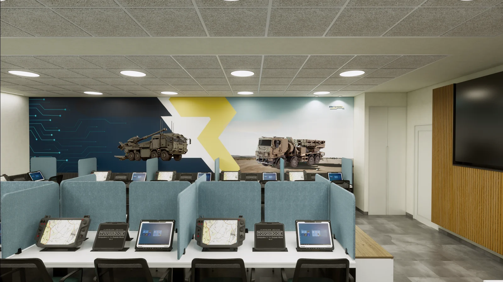 Connected training classroom with trainee workstations and an instructor display