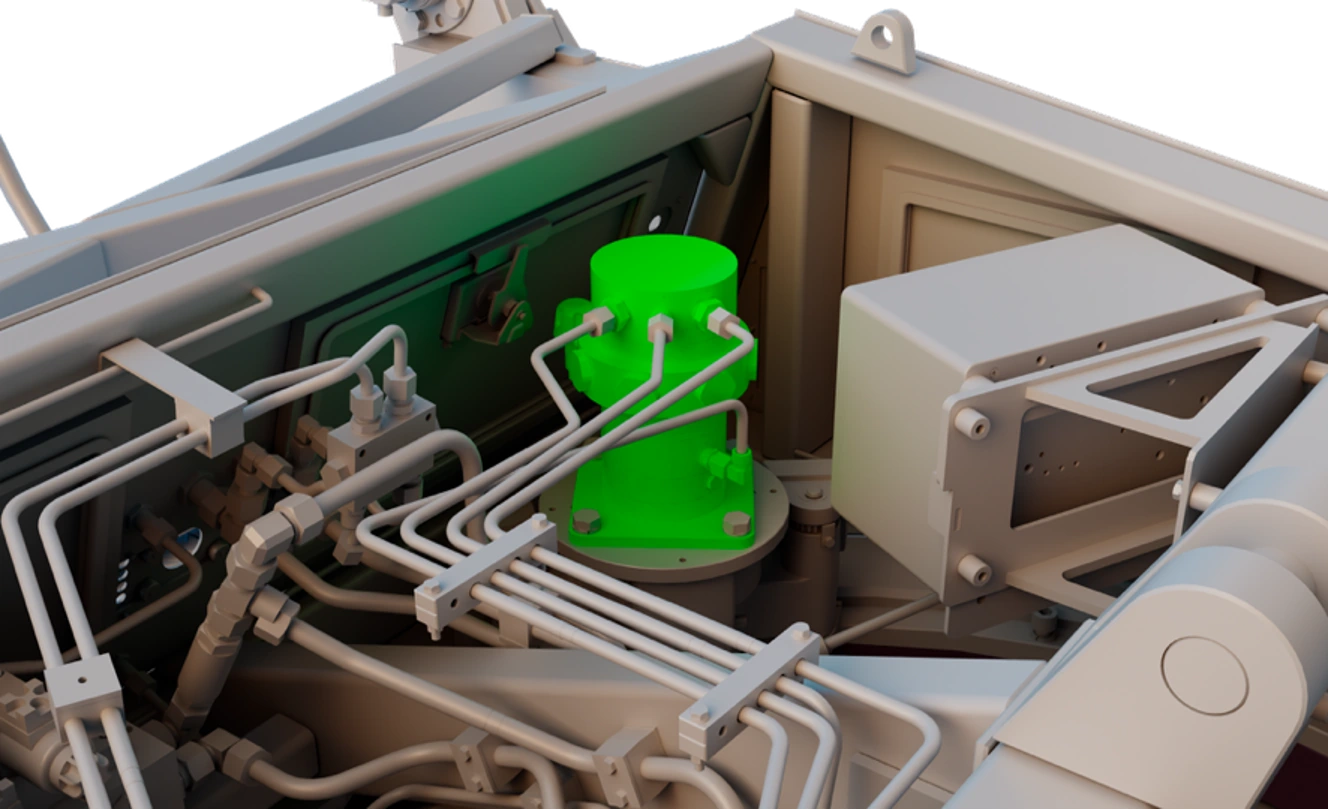 3D assembly visualisation with one component highlighted in green and surrounding pipework visible