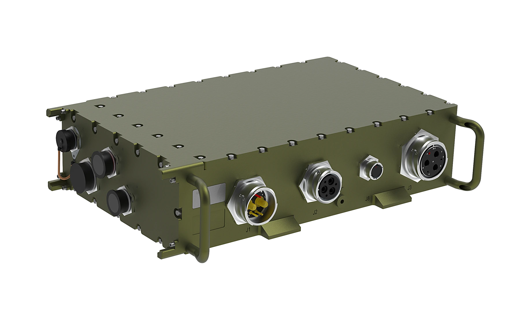 Closer view of the connectors and enclosure detail in the electronic unit rendering