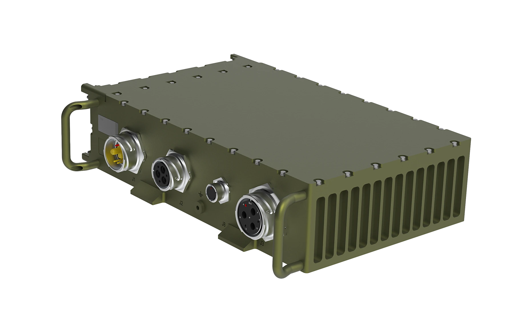 3D view from the opposite side of the electronic unit, showing its cooling fins and connectors